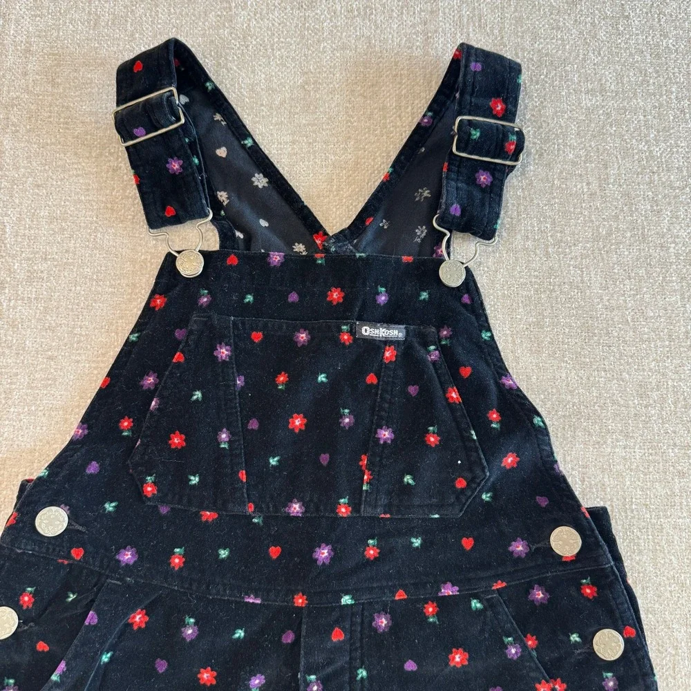 OshKosh Bgosh Black Corduroy Floral Heart Overalls Girls 6X Vestbak 90s EUC